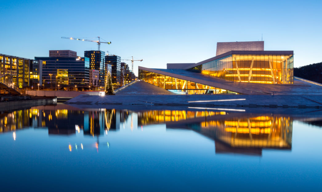 Oslo Opera House shine at dusk, morning twilight,  Norway